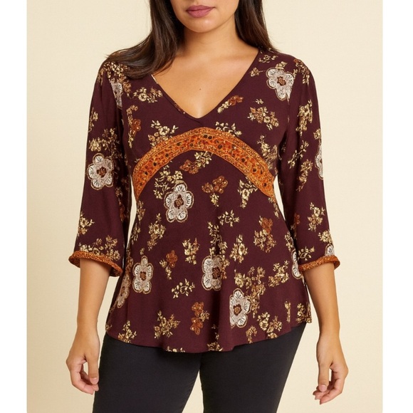 Quizz Bazaar flowy floral boho burgundy top SZ L lace detailing - Picture 1 of 10